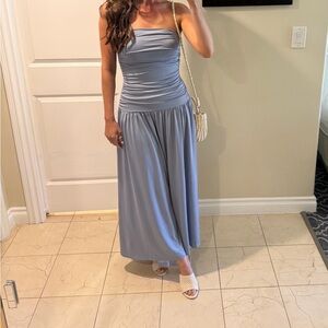 Strapless Ruched Midi Dress in Light Blue